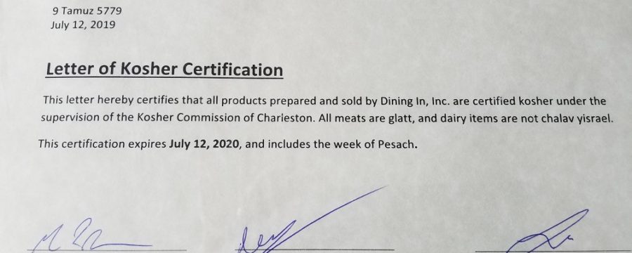 Kosher Certificate Dining In Charleston SC