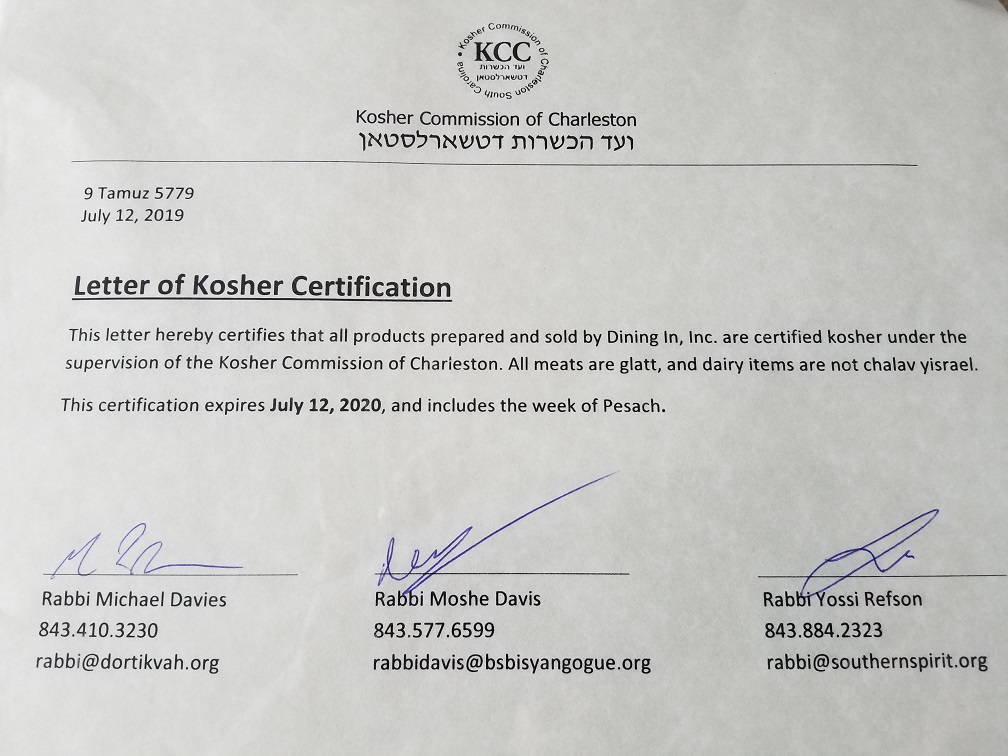 Kosher Certificate Dining In Charleston SC